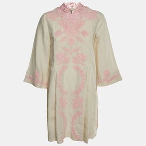 Gucci White/pink Linen And Lace Kaftan Mini Dress Xs